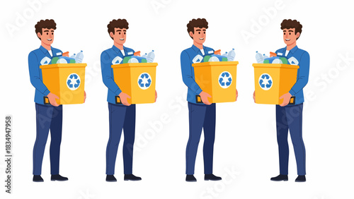 Four illustrations of a man holding a yellow recycling bin filled with plastic bottles and other recyclable items.