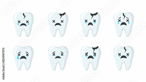 Eight cartoon teeth with sad expressions, some showing cracks and cavities, representing dental pain or problems.