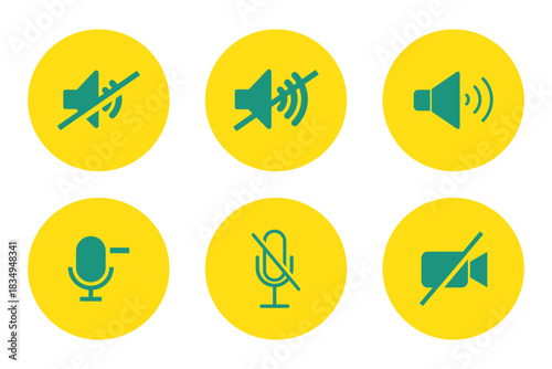 Volume Icon set. Loudspeaker Mute and unmute volume sound flat vector icons for video apps and websites. Speaker volume icon -audio voice sound symbol media music. Simple black line flat glyph vector