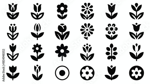 A diverse collection of 20 stylized floral icons, perfect for graphic design projects
