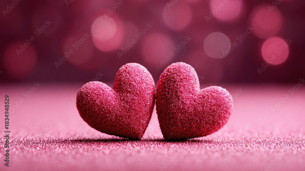 Obraz premium Two glittery hearts on a pink surface, perfect for Valentine's Day or romance