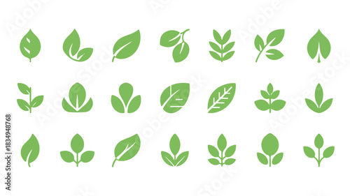 A Collection of 20 Minimalist Green Leaf Icons Representing Nature and Growth