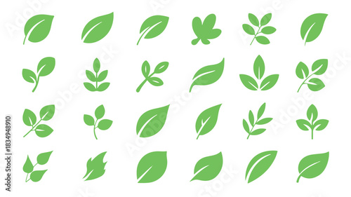 A Diverse Collection of Minimalist Green Leaf Icons Representing Nature and Growth