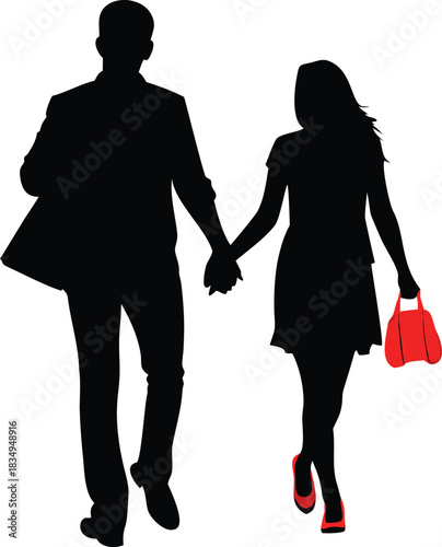 a silhouette of a couple walking together holding hands with a red