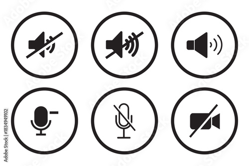 Volume Icon set. Loudspeaker Mute and unmute volume sound flat vector icons for video apps and websites. Speaker volume icon -audio voice sound symbol media music. Simple black line flat glyph vector