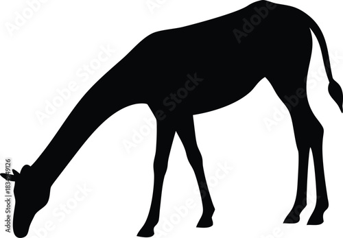 A simple black silhouette of a giraffe depicted in a grazing pose