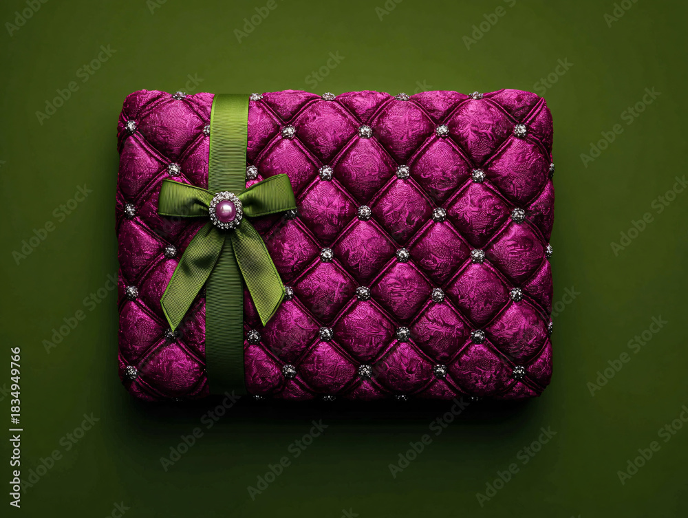 Naklejka premium Luxurious Purple Quilted Leather Texture with Green Bow Details for Fashion and Style Design