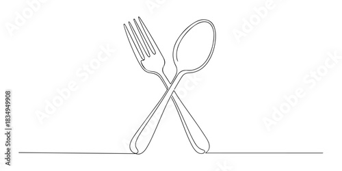 Continuous one line of a fork and spoon crossing, representing dining essentials, meals, and everyday food culture, hand drawn vector illustration.