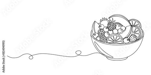 Continuous one line of a fruit salad bowl, symbolizing freshness, healthy habits, and colorful nutrition, hand drawn vector illustration.
