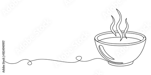 Continuous one line of a steaming bowl of soup, symbolizing warmth, comfort, and daily nutrition, hand drawn vector illustration.