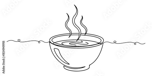 Continuous one line of a steaming bowl of soup, symbolizing warmth, comfort, and daily nutrition, hand drawn vector illustration.