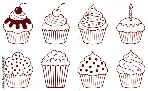 Collection of eight stylized line art cupcakes with various toppings