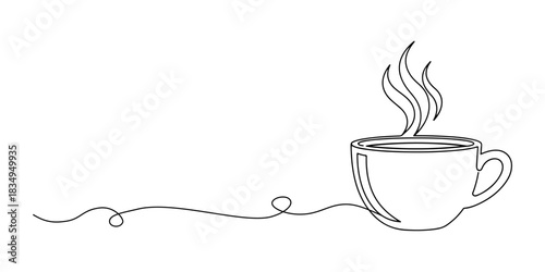 Continuous one line of a cup of coffee with rising steam, symbolizing morning routines, energy, and daily comfort, hand drawn vector illustration.