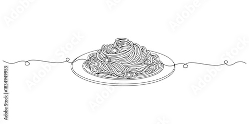 Continuous one line of a plate of pasta, representing home cooking, flavor, and daily dining, hand drawn vector illustration.