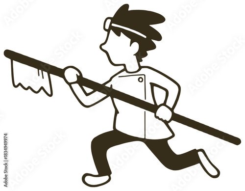 大きな歯ブラシを手に持って走っている歯科医のイラスト。