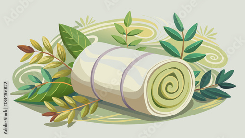 A neatly rolled white towel placed on a clean surface, decorated with fresh eucalyptus leaves. Minimal, calming wellness composition perfect for spa branding, relaxation themes, and natural beauty 
