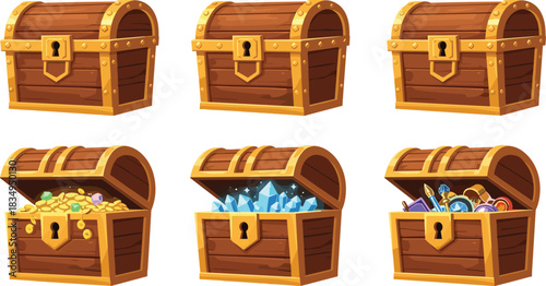 Treasure chest collection, wooden chests with gold, gems and loot, cartoon game assets, fantasy reward icons, adventure-themed digital illustration
