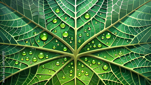 Macro close-up of a dew-covered leaf showcasing intricate vein patterns, forming mesmerizing organic geometry. Lush green tones and natural textures perfect for wellness, eco-friendly design