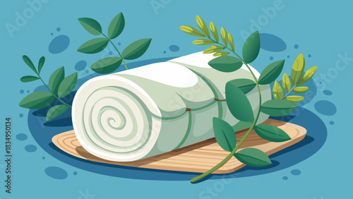 A neatly rolled white towel placed on a clean surface, decorated with fresh eucalyptus leaves. Minimal, calming wellness composition perfect for spa branding, relaxation themes, and natural beauty 