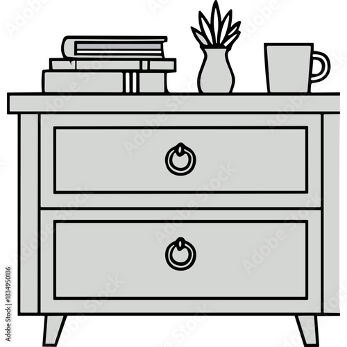 Light Gray Wooden Two Drawer Nightstand With Round Metal Pulls Featuring Stacked Books A Small Vase With Decorative Stems And A White Mug On Top Surface A Simple And Clean Illustration For Home Decor