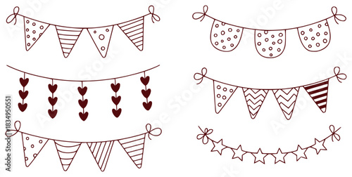 Hand-Drawn Party Bunting Flags with Hearts, Stars, and Patterns