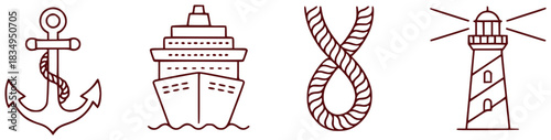 Nautical Icons Anchor, Cruise Ship, Rope, and Lighthouse
