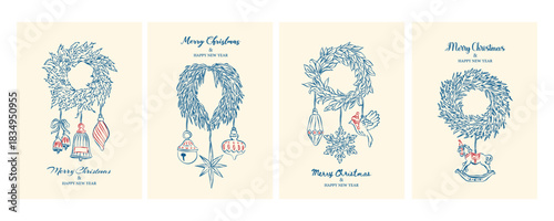 Whimsical hand-drawn Christmas card with Christmas wreath and Christmas ornaments.. Happy holiday greeting, invitation vector card, illustration for celebratory event announcement