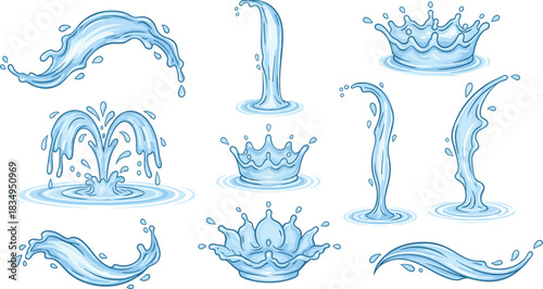 Water splash collection, flowing liquid shapes, realistic splash crowns and droplets, fluid motion illustration set, dynamic blue water elements