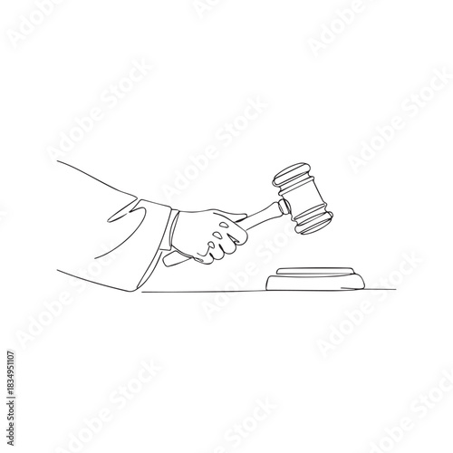 Judge hand holding gavel, continuous one line drawing. Law, justice, and court symbol in minimalist vector art style.
