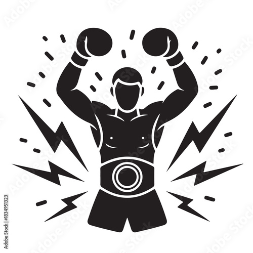 Silhouette of victorious boxer celebrating championship win