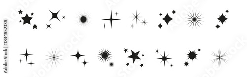 Set of icon glitter star, sparkle sun. Abstract shapes of explosion, glow and blink effects for celebrate party design. Twinkle shiny and flash graphic elements. Isolated vector illustrations.