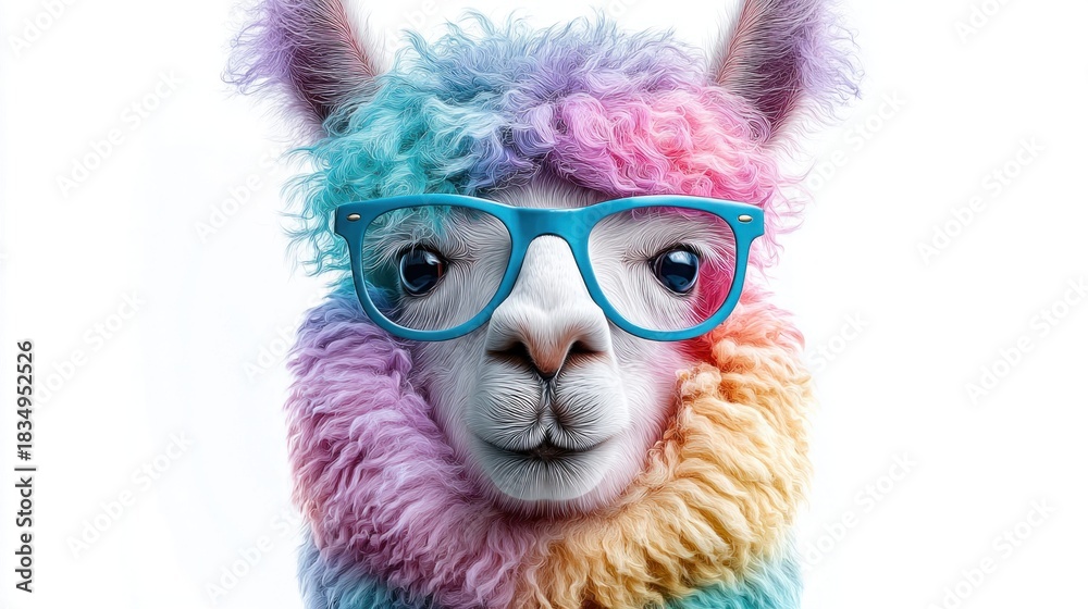 Fototapeta premium Colorful llama wearing glasses, a whimsical and vibrant portrait on white
