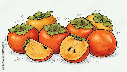 A vibrant sketch of a group of persimmons showcasing their rich colors and textures