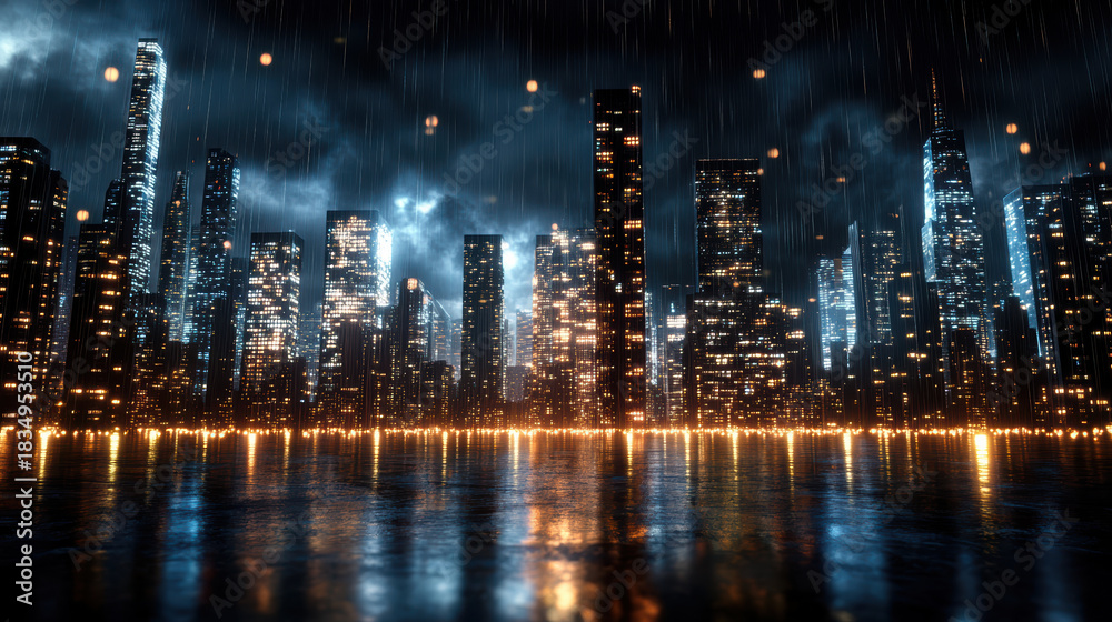 Fototapeta premium Neon city skyline night skyline rainy skyline waterfront skyline illuminated skyline