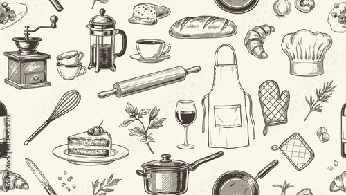 Seamless pattern showcasing hand-drawn kitchen tools and food elements for culinary design
