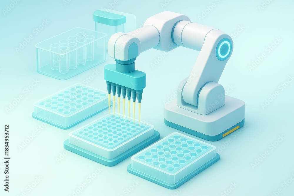 Obraz premium Innovative robotic arm precision dispensing in laboratory automation, elevating workflows through advanced technology and streamlined efficiency for research applications