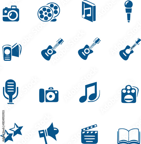 Collection of blue icons representing various creative media and entertainment forms high quality