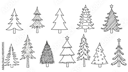 Diverse hand-drawn Christmas tree illustrations, creating a festive holiday spirit