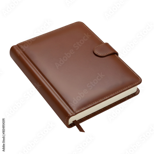 Brown leather book with a snap closure tab, suitable for book cover designs, product mockups, or educationalthemed graphics.