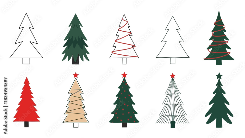 Obraz premium Collection of ten stylized christmas tree illustrations with different design options