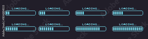 Retro loading bars show progress of digital download, perfect for UI design projects or nostalgic tech themes, vibrant turquoise on dark background