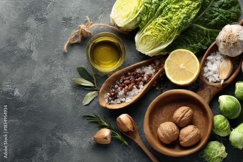 Wallpaper Mural Fresh ingredients for a liver detox diet featuring fruits, vegetables, nuts, and herbs arranged on a dark textured surface in a culinary setup Torontodigital.ca