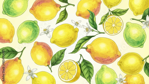 Elegant citrus pattern featuring watercolor lemons, limes, leaves, and flowers