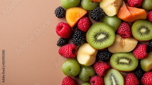 Bright kiwi raspberry peach plum blackberry arrangement with warm mood