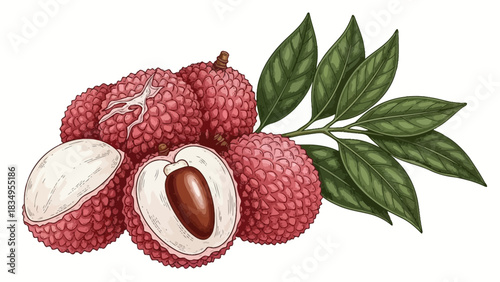 Exotic lychee fruit illustration with textured rind and vibrant green leaves