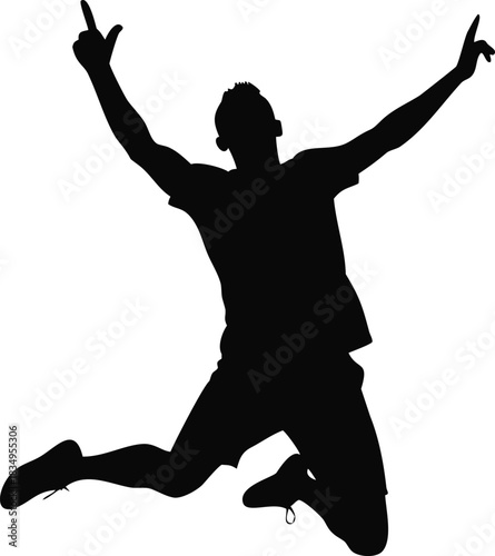 A jubilant silhouette of a person jumping with arms raised in celebration high-quality