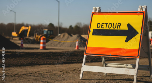 Detour sign indicates alternative route due to construction, yellow sign shows detour with arrow pointing right. This detour directs traffic around roadwork,