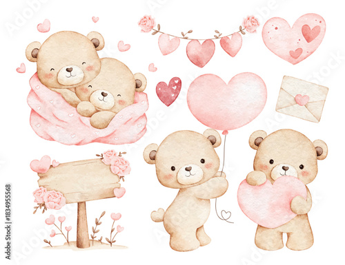 Watercolor Illustration Set of Teddy Bears and Valentine Elements