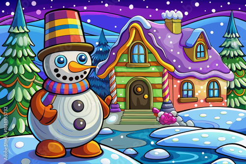 snowman standing on a snowy hill overlooking distant winter cottage, forming a picturesque Christmas 2026 holiday landscape