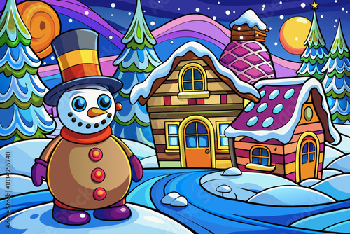 snowman standing on a snowy hill overlooking distant winter cottage, forming a picturesque Christmas 2026 holiday landscape